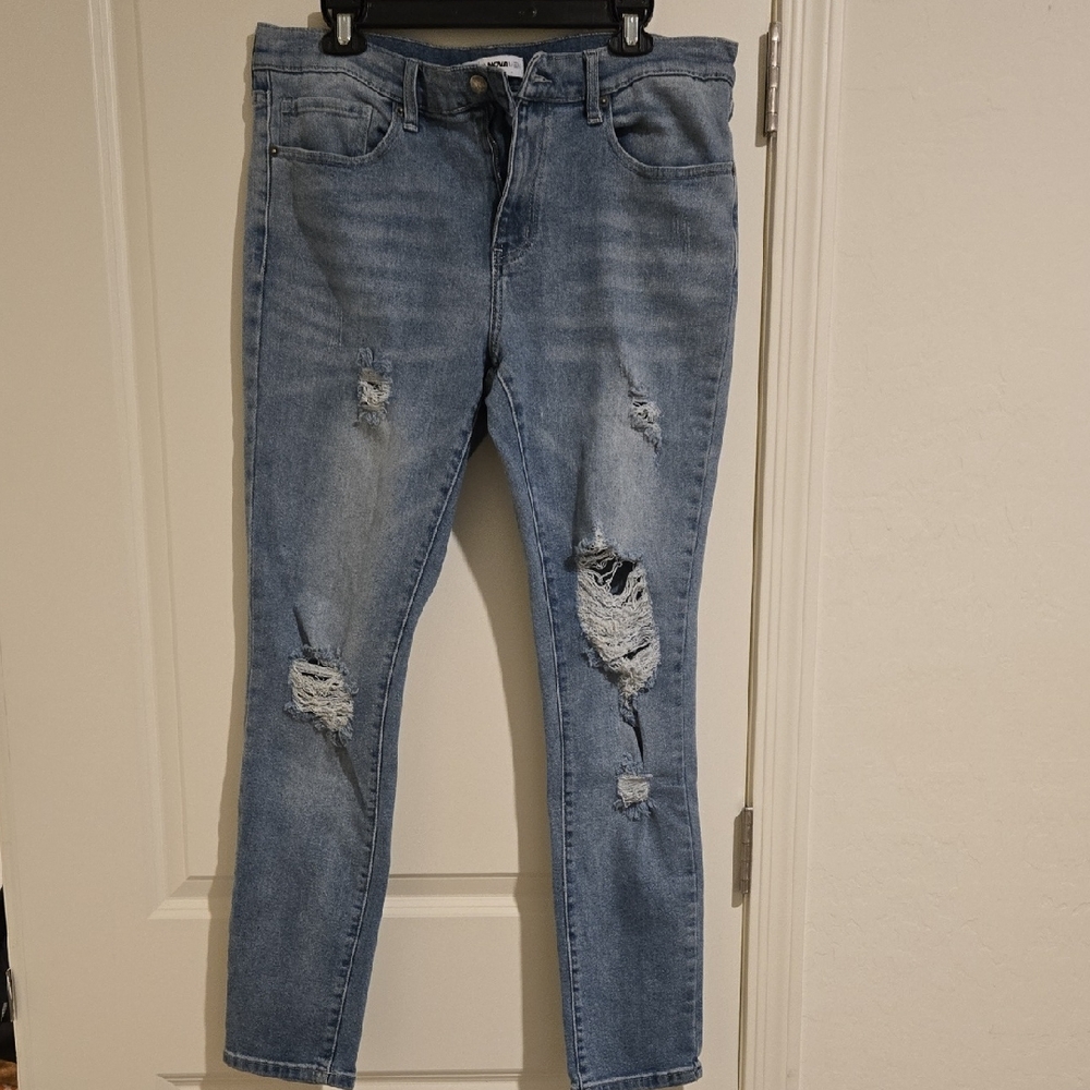 Fashion Nova Light Blue Distressed Straight Jeans